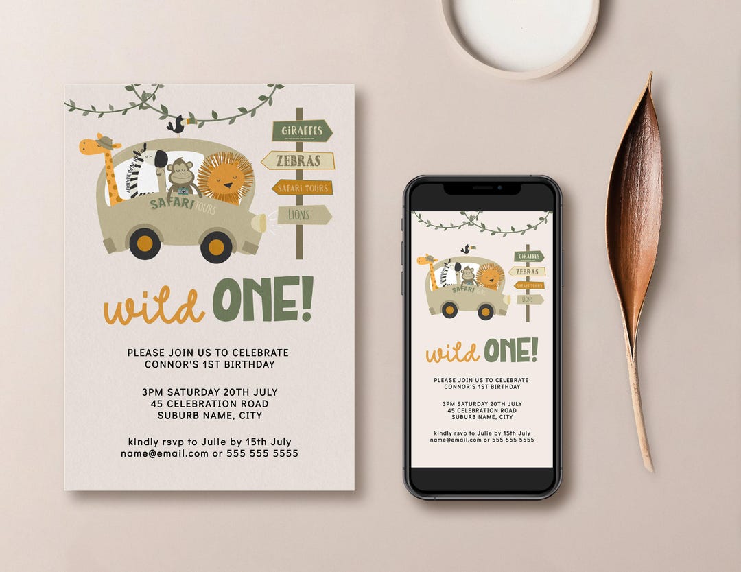 Wild One Safari Animals Birthday Theme First Birthday Editable Invitation