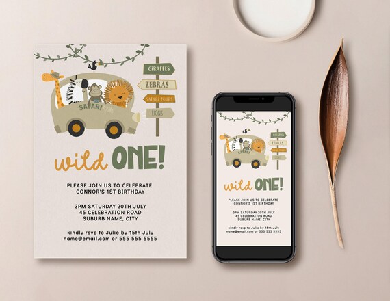 Wild One Safari Animals Birthday Theme First Birthday Editable Invitation