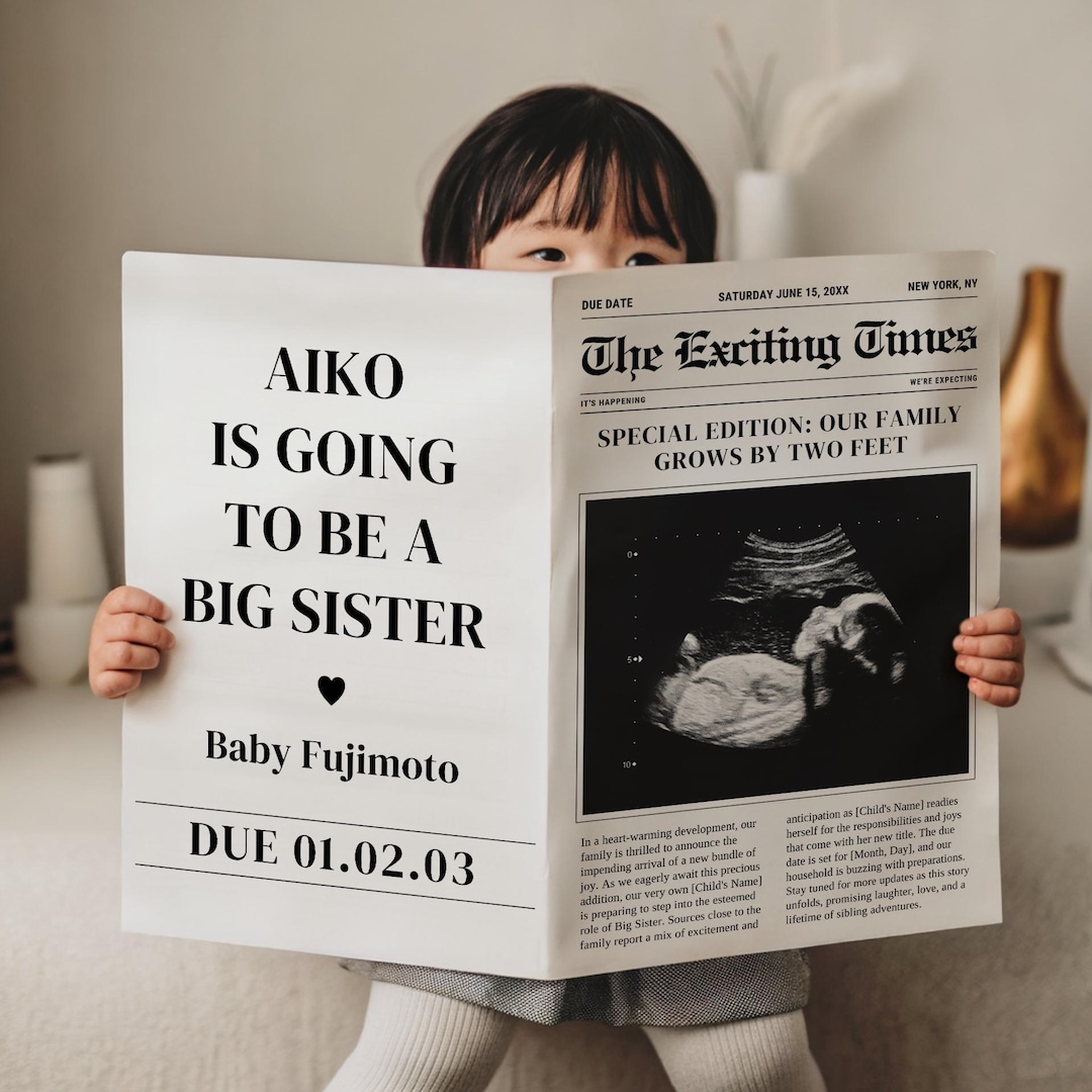 Big Sister Newspaper Pregnancy Announcement, Editable Digital Template, Sibling Reveal, Baby News, Expecting Joy