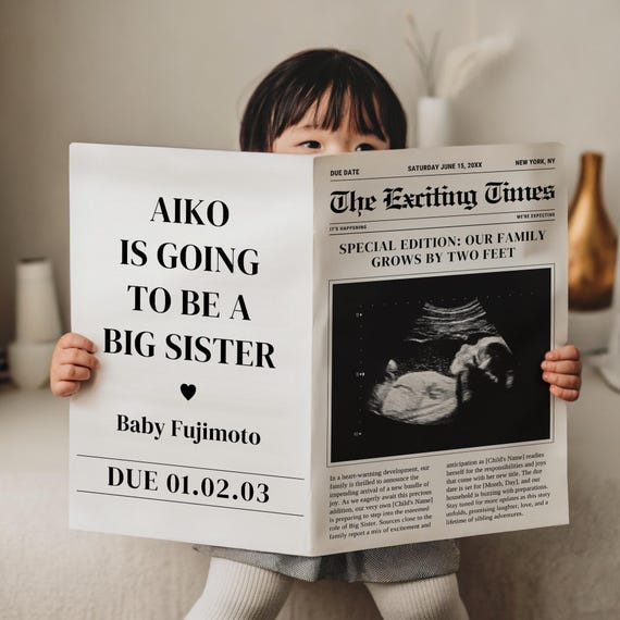 Big Sister Newspaper Pregnancy Announcement, Editable Digital Template, Sibling Reveal, Baby News, Expecting Joy