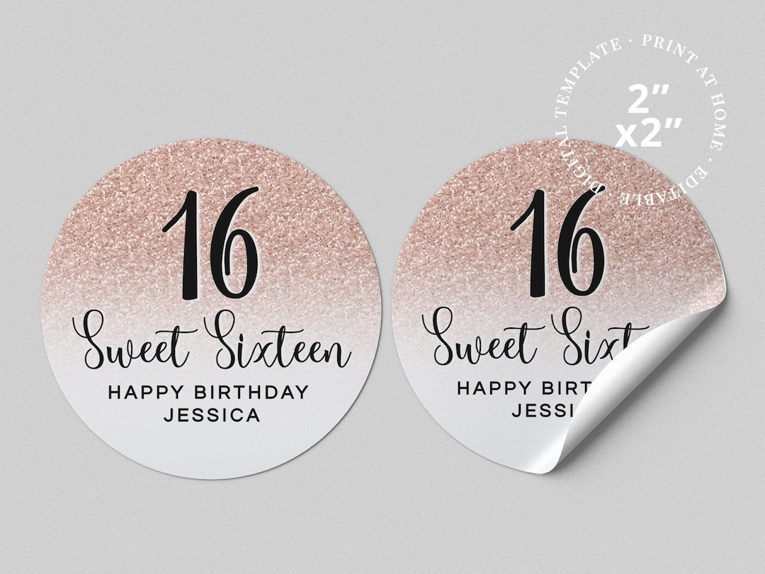 Sweet Sixteen Rose Gold Faux Glitter 2" Printable Sticker Template