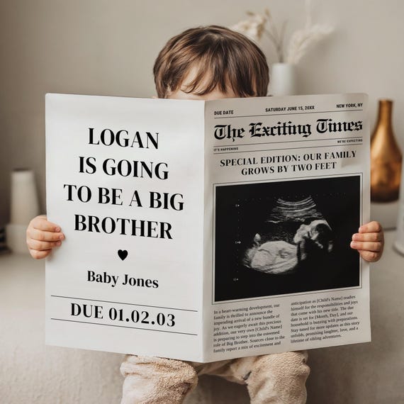 Big Brother Announcement, Digital Pregnancy Newspaper, Editable Template for Sibling Reveal, Custom News