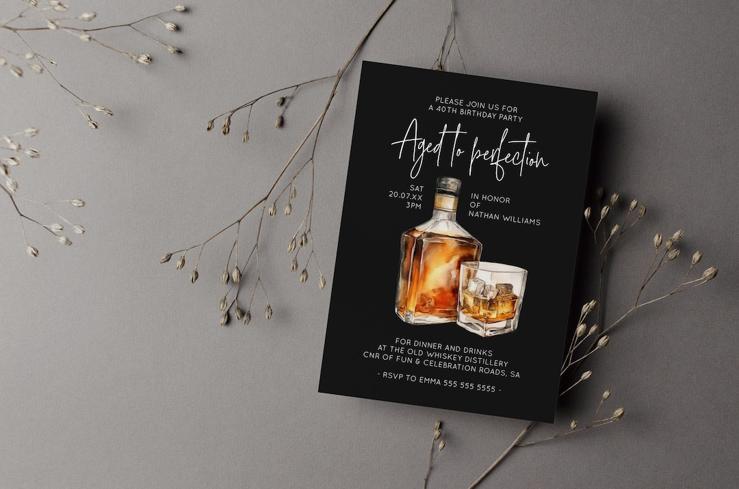 Whiskey & Bourbon Birthday Invitations - Editable Template for 30th, 40th, 50th, 60th Celebrations - Unique Party Invites | AB02WBB