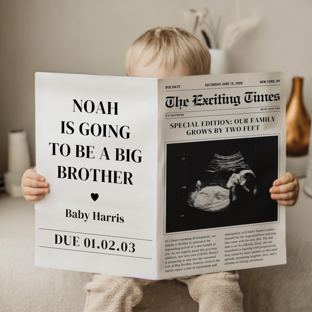 Big Brother Announcement - Digital Pregnancy Announcement - Promoted to Big Brother - Editable Newspaper Template