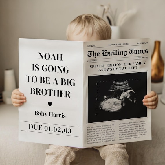 Big Brother Announcement - Digital Pregnancy Announcement - Promoted to Big Brother - Editable Newspaper Template