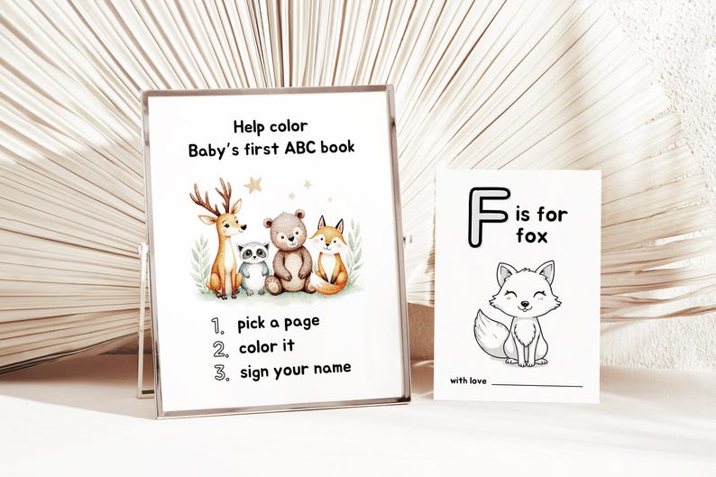 May include: A printable coloring page featuring a fox with the text "F is for fox". The page is part of a baby's first ABC book. Instructions for coloring the page are included: "1. pick a page, 2. color it, 3. sign your name".
