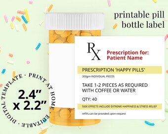 Happy Pills Chill Pill Bottle Label Novelty Fun Printable Rx Prescription Label or Sticker Template