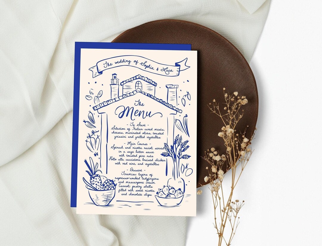 Hand Drawn Italian Style Wedding Menu, Custom Calligraphy, Elegant Reception Decor, Personalized Menu Cards for Weddings