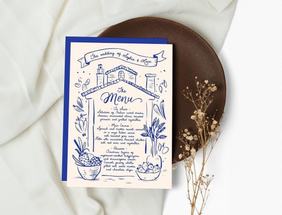 Hand Drawn Italian Style Wedding Menu, Custom Calligraphy, Elegant Reception Decor, Personalized Menu Cards for Weddings