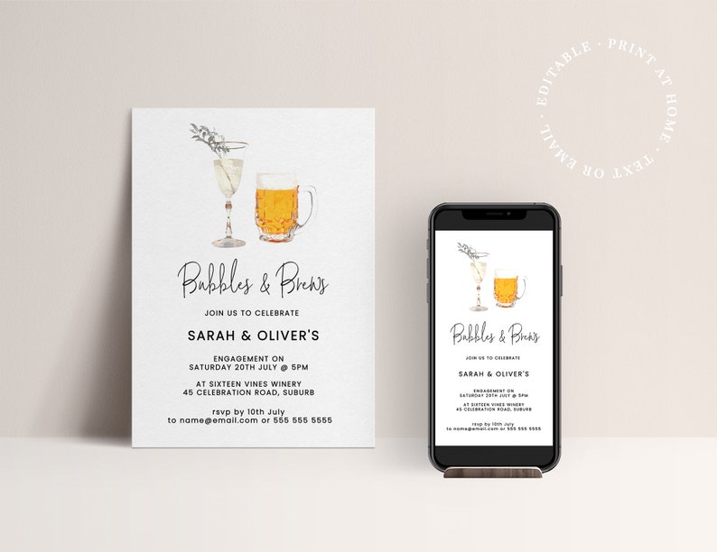 Bubbles & Brews Engagement Editable Invitation Template for Print and Phone image 1