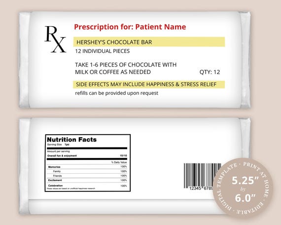 Nursing Graduate Medical Student Label Novelty Fun Printable Rx Prescription Wrapper to fit 1.55oz Bar