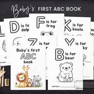 May include: Black and white printable alphabet book for babies with illustrations of animals. The book includes letters A through Y and the title "Baby's First ABC Book".