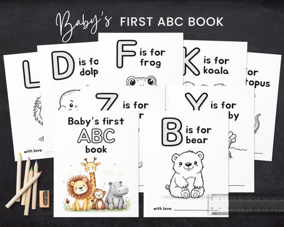 Baby shower abc book babys first abc book baby shower coloring book baby memory book abc coloring book abc book baby shower Canva template