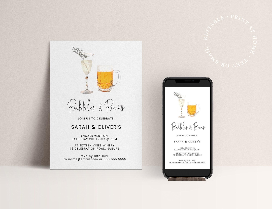 Bubbles & Brews Engagement Editable Invitation Template for Print and Phone