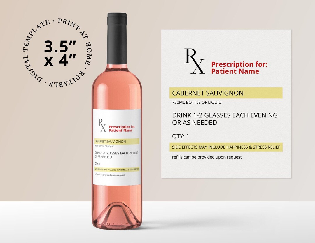 Printable Rx Prescription Wine Label or Sticker Template