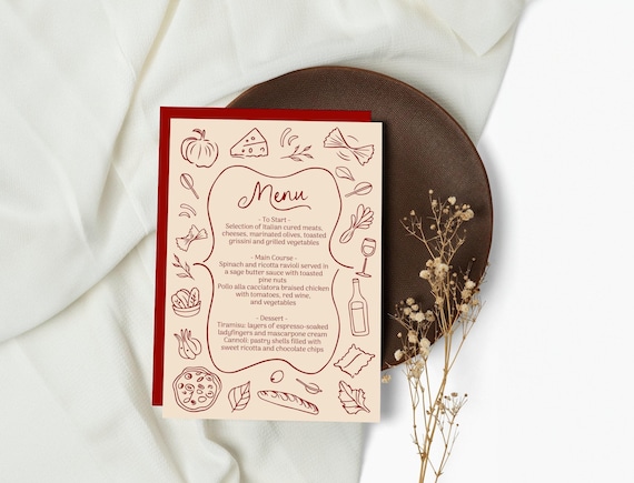 Hand Drawn Italy Menu Template: Editable Digital Printable for Events & Parties