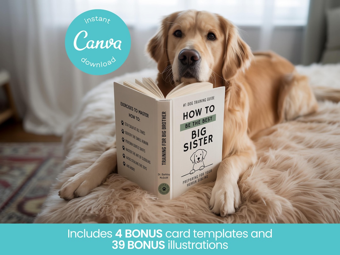 Big Sister Announcement Book Cover, Pregnancy Announcement Dog Book Cover, Book Cover For Baby Announcement, CANVA TEMPLATE