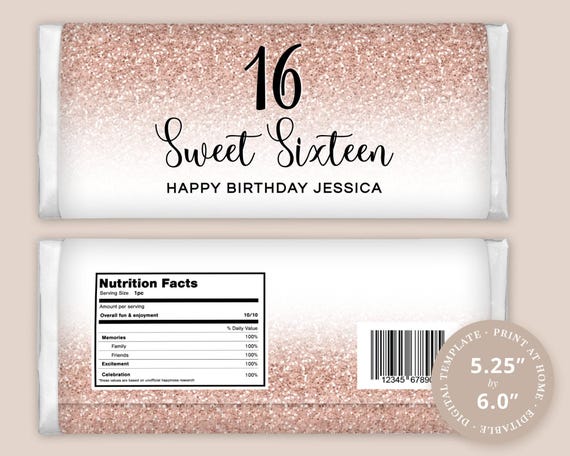 Sweet 16, 16th Birthday Chocolate Wrapper Label EDITABLE PRINTABLE to fit 1.55oz Chocolate Bar | Rose Gold Faux Glitter Ombre Design