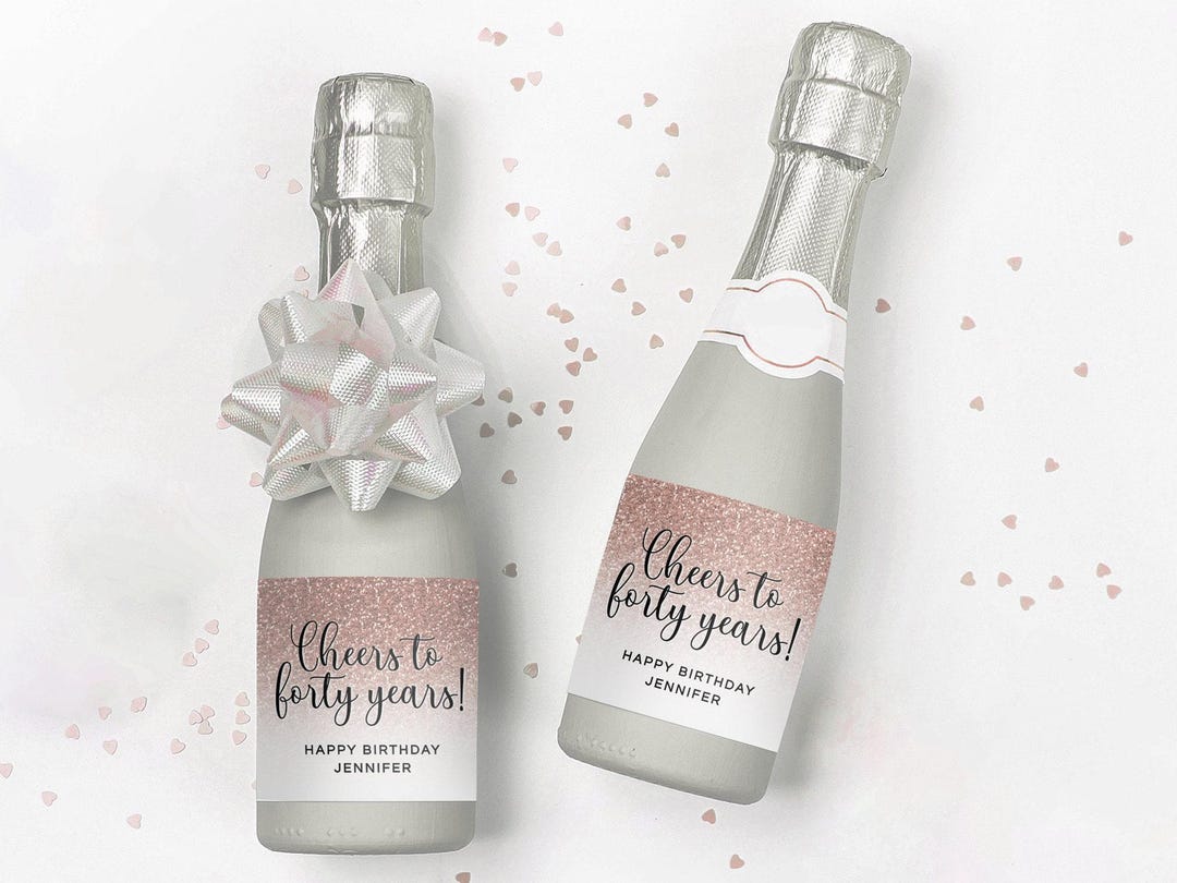 40th Birthday Mini Champagne Label Sticker EDITABLE PRINTABLE | Rose Gold Faux Glitter Ombre Design