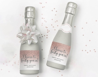 Mini autocollant étiquette champagne 40e anniversaire MODIFIABLE, IMPRIMABLE | Motif or rose ombré avec fausses paillettes