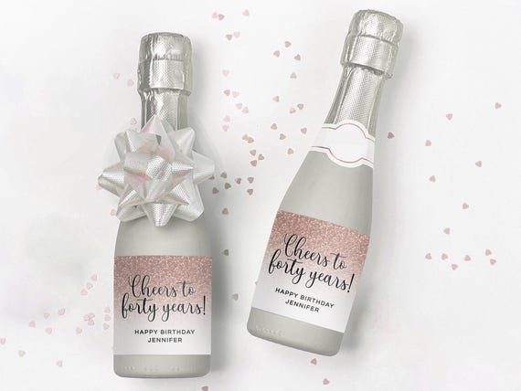40th Birthday Mini Champagne Label Sticker EDITABLE PRINTABLE | Rose Gold Faux Glitter Ombre Design
