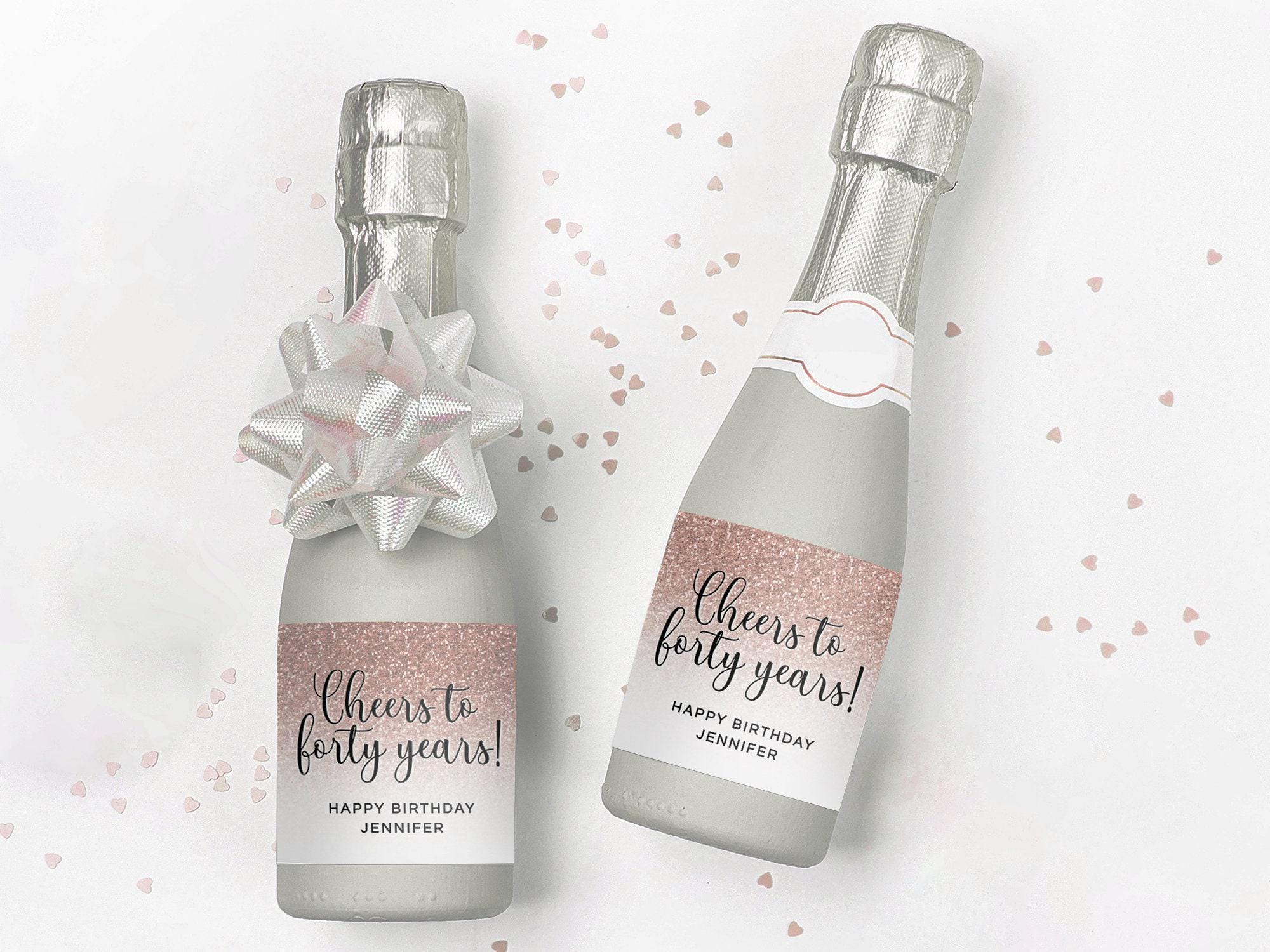 40th Birthday Mini Champagne Label Sticker EDITABLE PRINTABLE | Rose Gold Faux Glitter Ombre Design