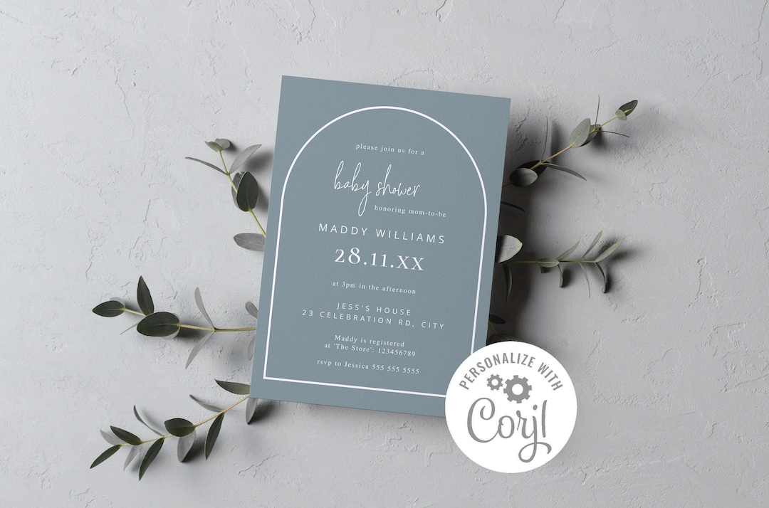 Arch Baby Shower Invitation Editable Template - Minimalist Dusty Blue Design