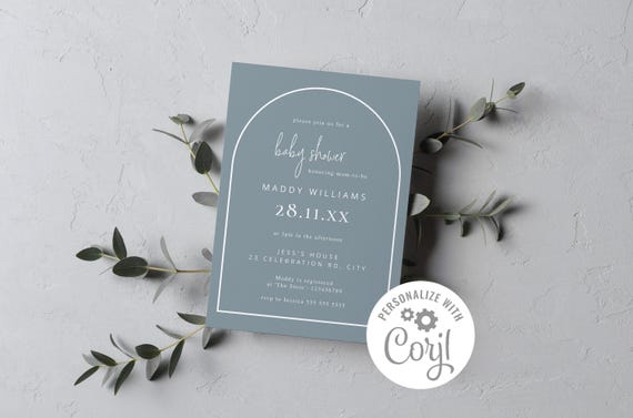 Arch Baby Shower Invitation Editable Template - Minimalist Dusty Blue Design
