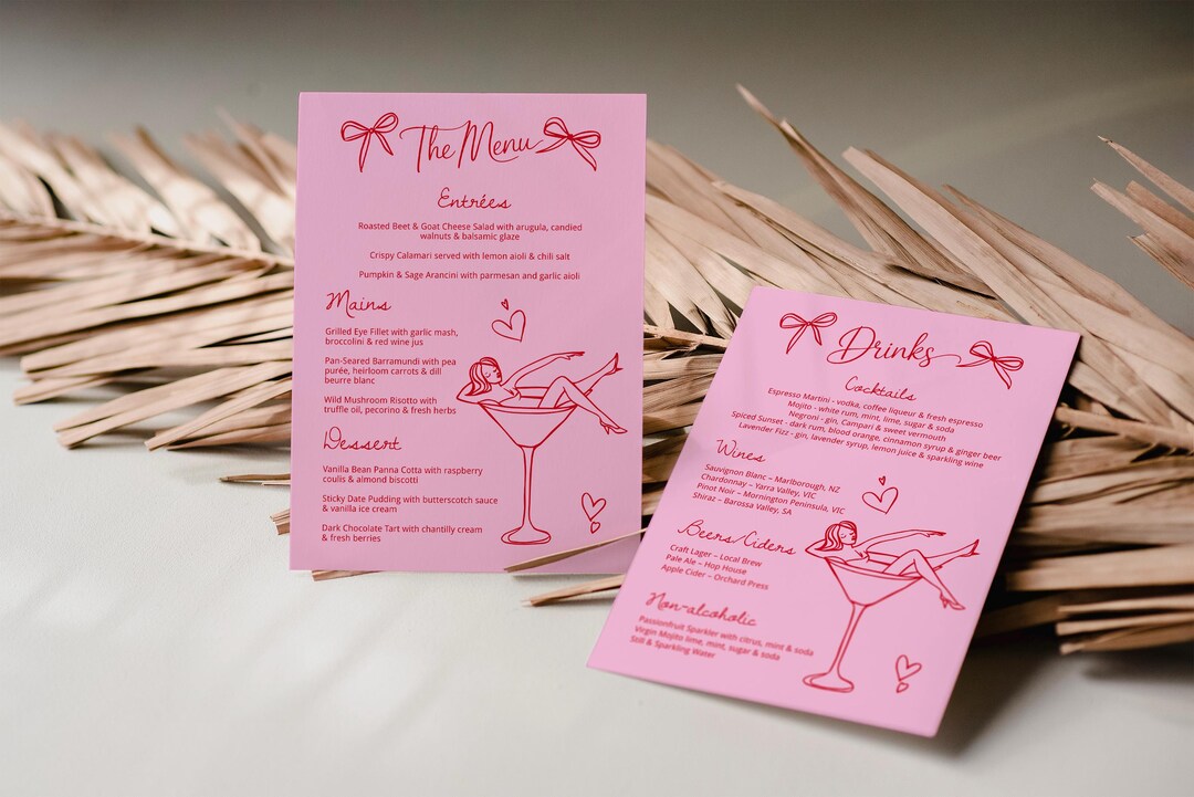 Dinner Menu Template 30th Birthday, Pretty In Pink Dinner Menu, Dinner Menu With Ribbon Bow, Hand Drawn Girl In A Martini, Martini Bar Menu