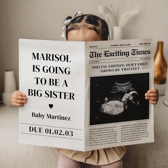 Second Pregnancy Announcement Template - Big Sister Edition - Editable Canva Baby Reveal - Digital Layout