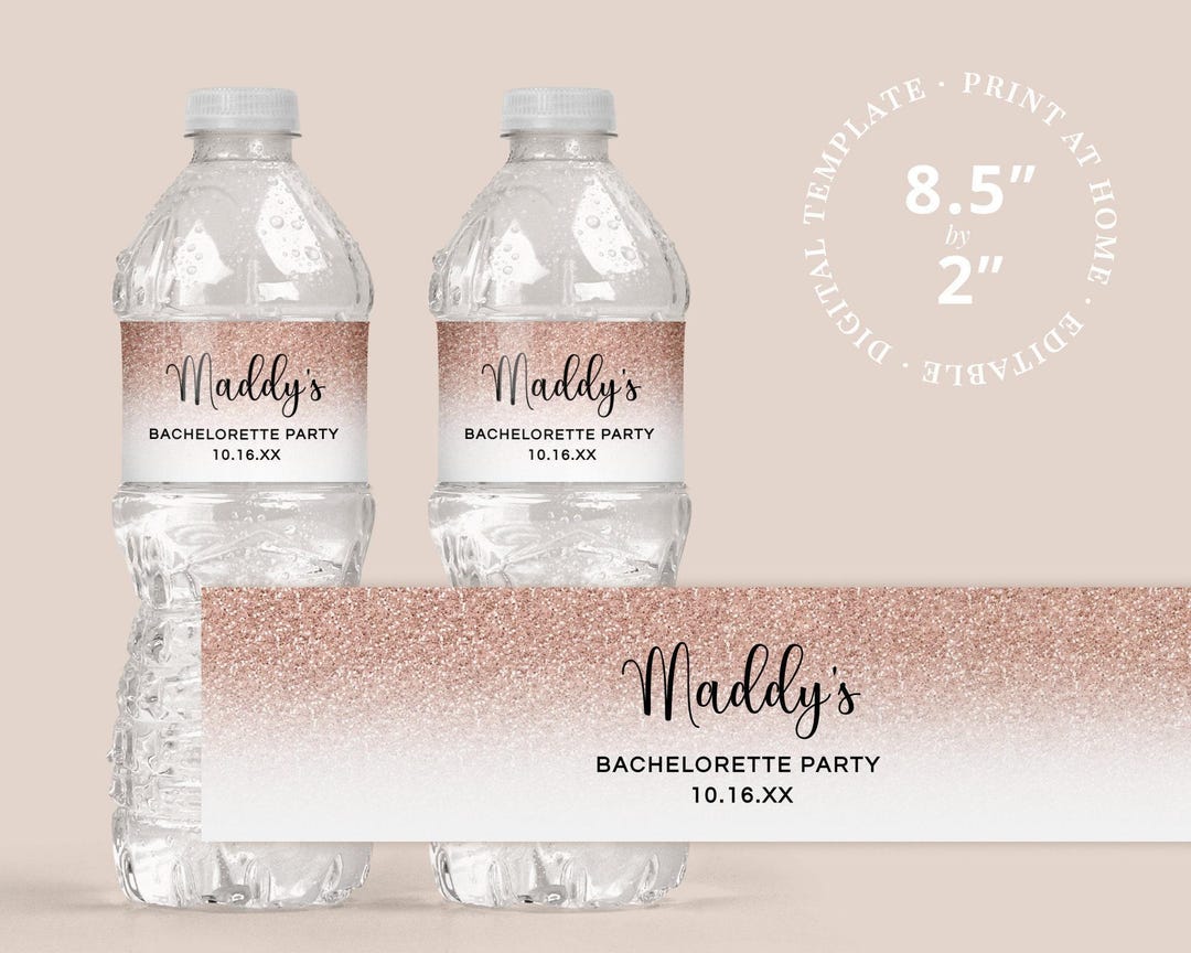 Rose Gold Faux Glitter Ombre Bachelorette Water Bottle Label Wrapper EDITABLE PRINTABLE