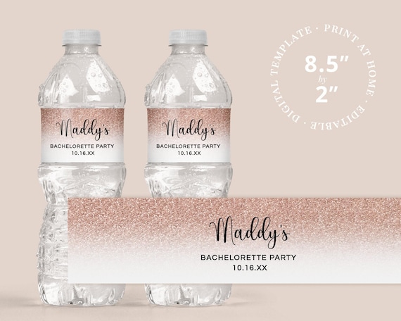 Rose Gold Faux Glitter Ombre Bachelorette Water Bottle Label Wrapper EDITABLE PRINTABLE