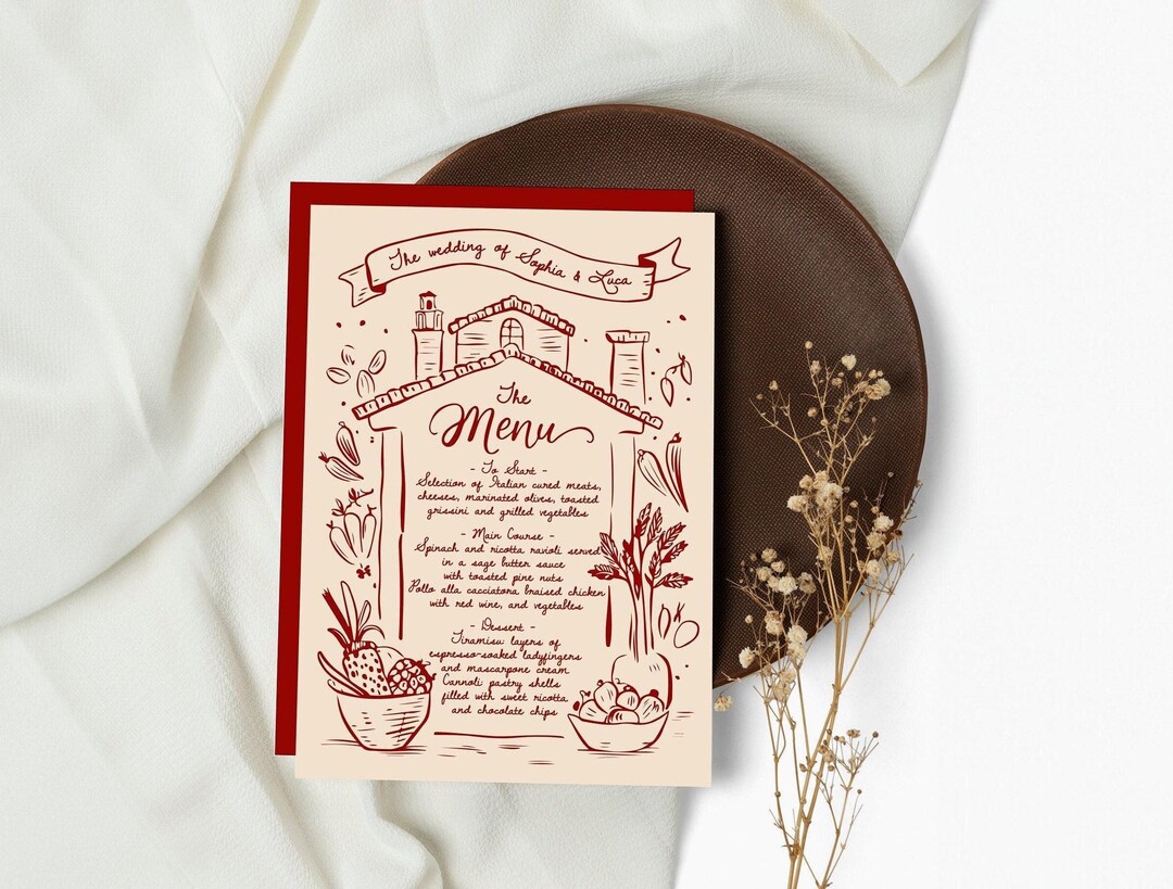 Hand Drawn Italian Wedding Menu - Customizable Rustic Design, Perfect for Elegant & Romantic Weddings, Italian Menu Art