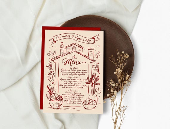 Hand Drawn Italian Wedding Menu - Customizable Rustic Design, Perfect for Elegant & Romantic Weddings, Italian Menu Art
