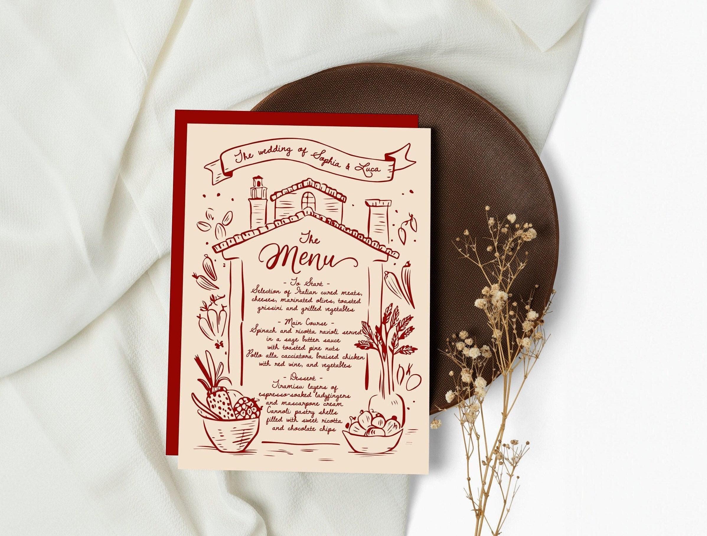 Hand Drawn Italian Wedding Menu - Customizable Rustic Design, Perfect for Elegant & Romantic Weddings, Italian Menu Art