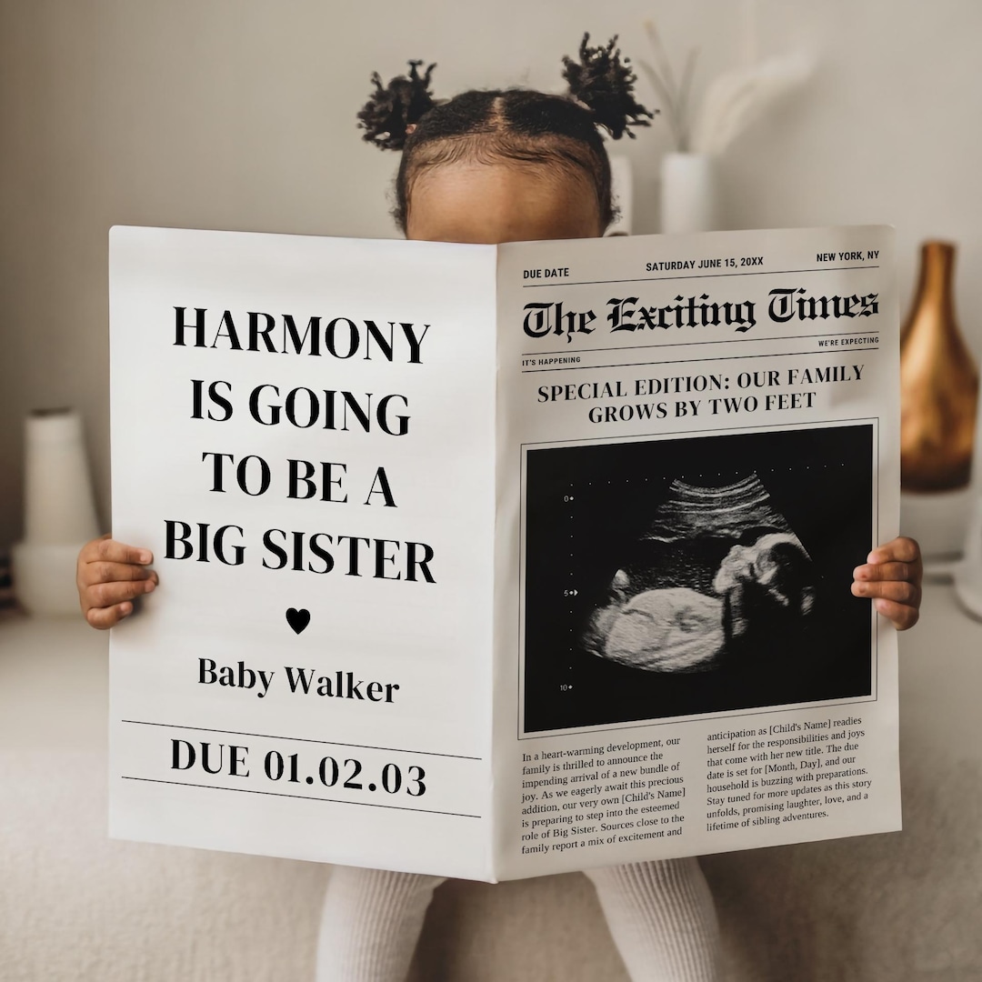 Pregnancy Announcement Newspaper Big News -  Promoted To Big Sister - Baby On The Way - Editable Newspaper Template