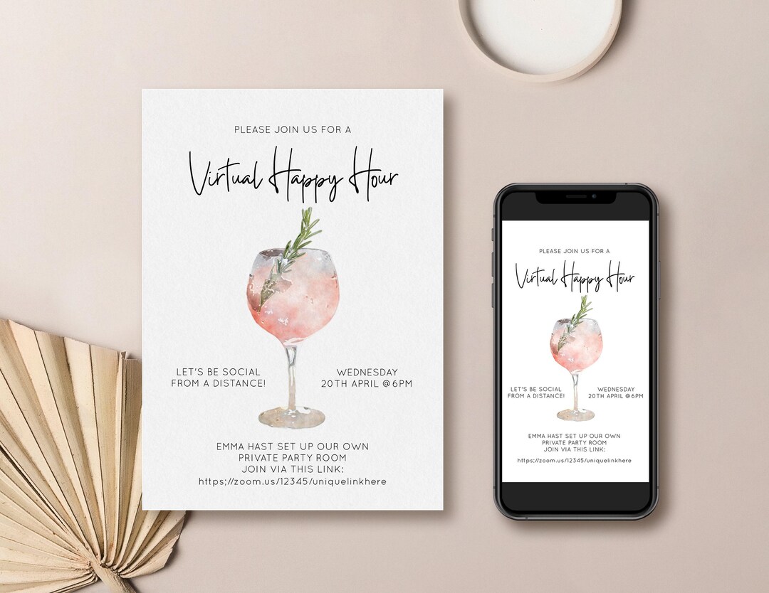 Virtual Happy Hour Invitation | social distancing, digital invitation, editable template, smartphone invite, virtual party, cocktail evite