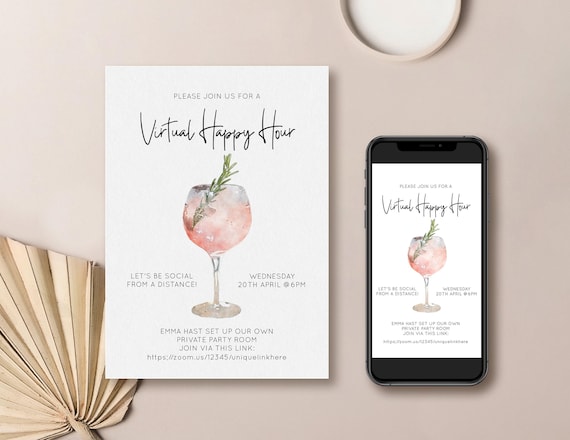 Virtual Happy Hour Invitation | social distancing, digital invitation, editable template, smartphone invite, virtual party, cocktail evite