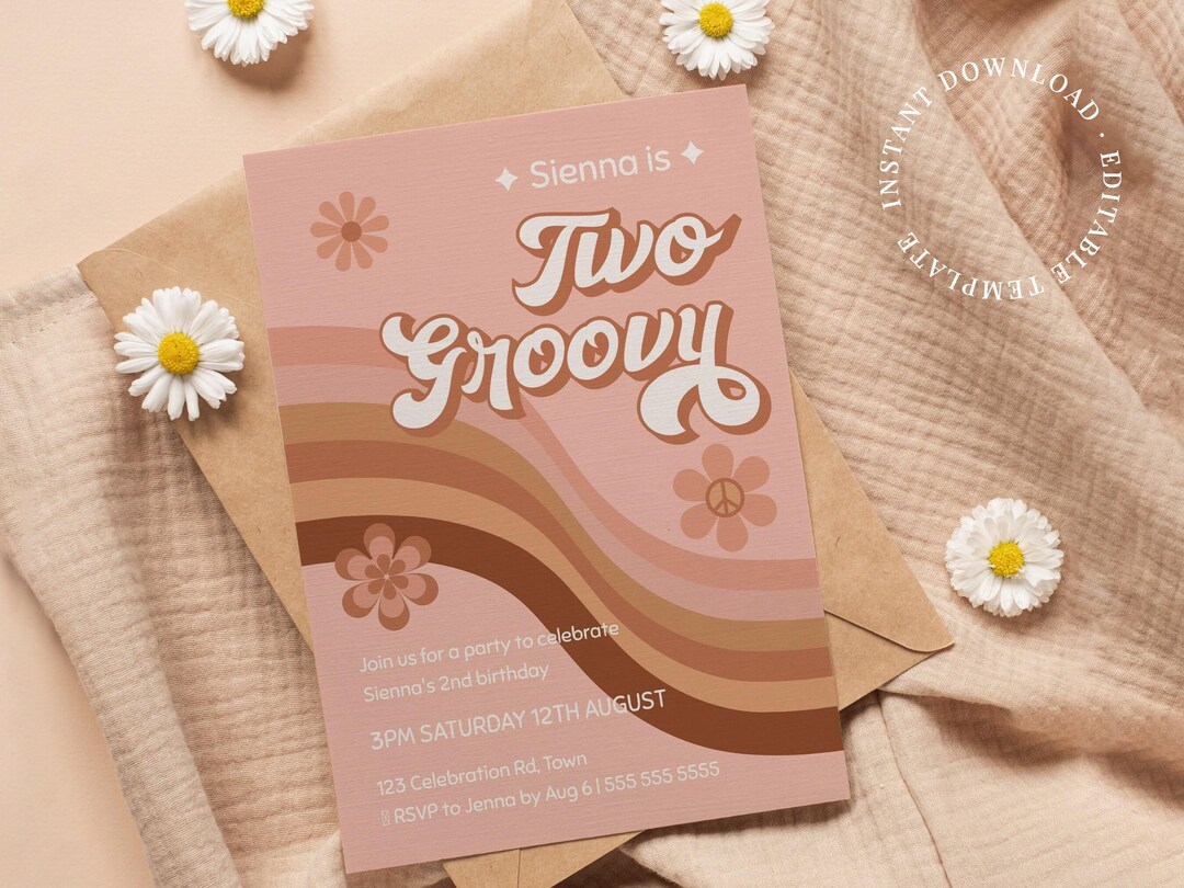 Groovy Birthday Invitation Digital, Two Groovy Daisy Birthday, Boho Invitation, 70s Flower Party, Hippie Invitation, Editable Invitation