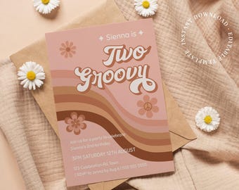 Groovy Birthday Invitation Digital, Two Groovy Daisy Birthday, Boho Invitation, 70s Flower Party, Hippie Invitation, Editable Invitation