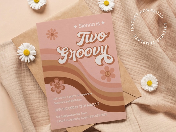 Groovy Birthday Invitation Digital, Two Groovy Daisy Birthday, Boho Invitation, 70s Flower Party, Hippie Invitation, Editable Invitation