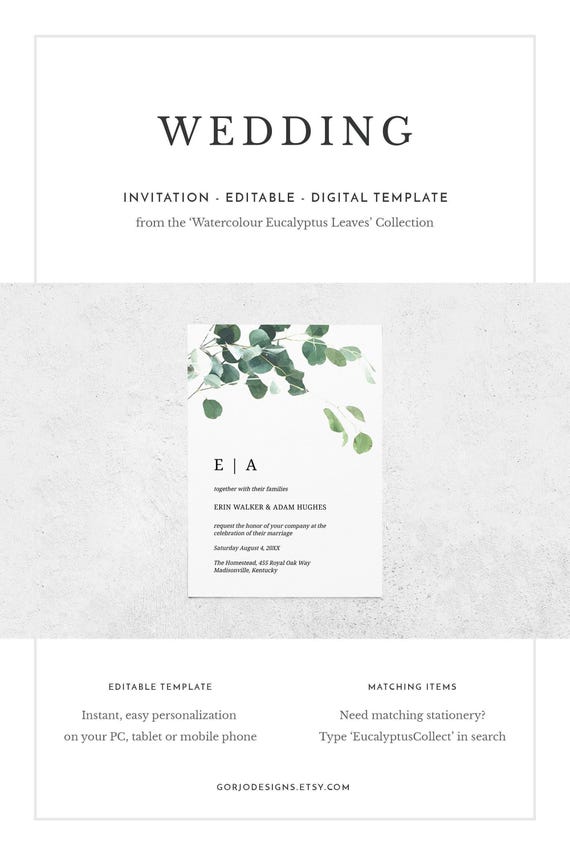 Eucalyptus Wedding Invite | Instant Download | Greenery Invite | Wedding Invites | Editable & Printable