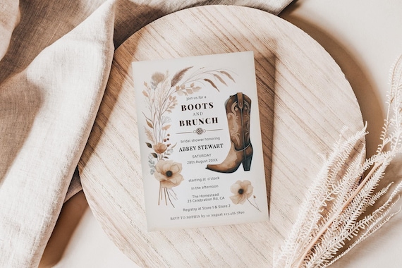 Boots And Brunch Bridal Shower Invite, Boots And Brunch Invites, Floral Cow Girl Boots, Cowgirl Theme Invitation Adult, Girls Weekend Invite