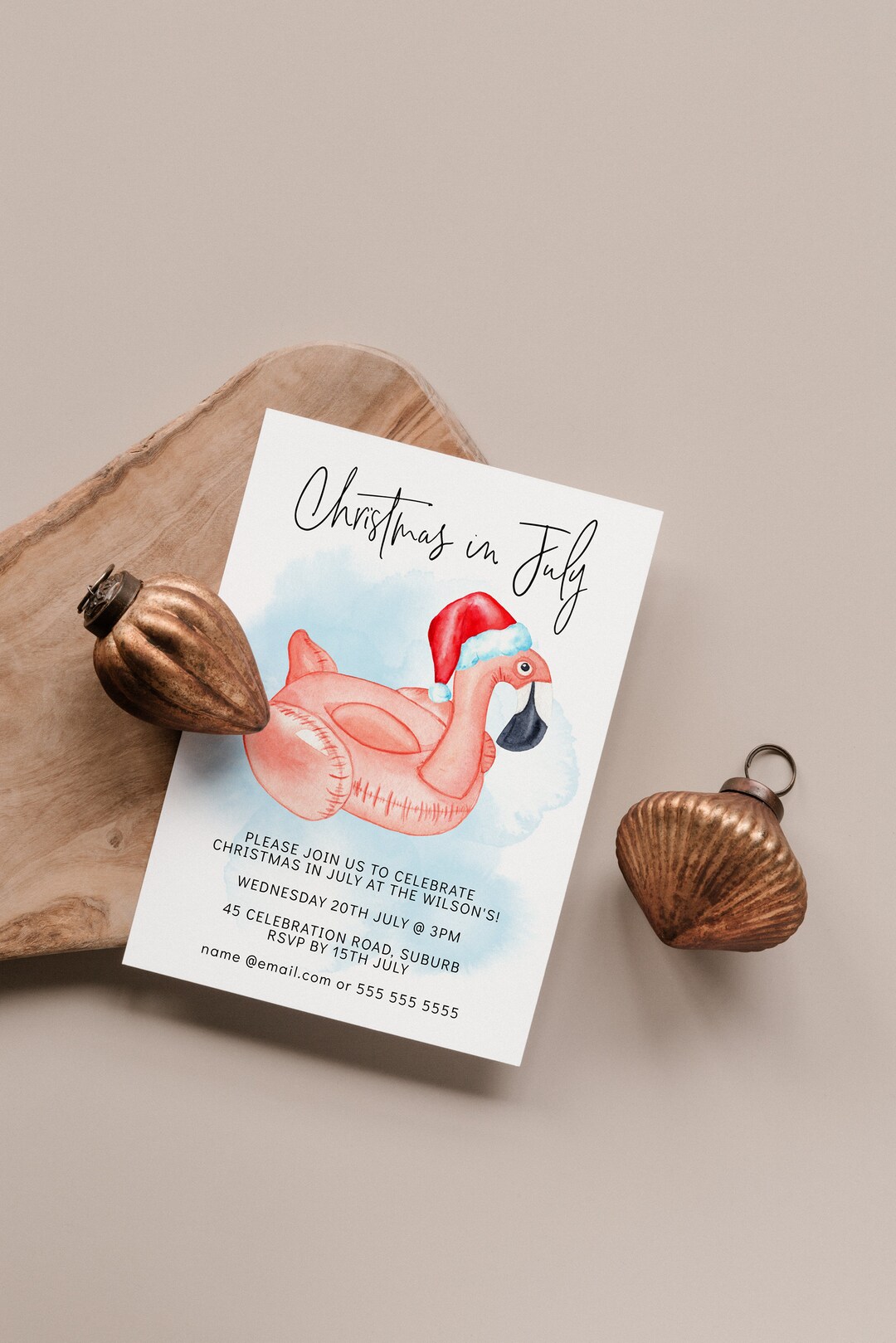 Christmas in July Flamingo Summer Pool Party Digital Invitation - editable template - use as a digital invite, phone evite or print at home