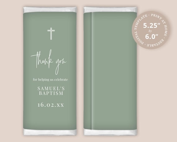 Sage Green Baptism Chocolate Wrapper Label EDITABLE TEMPLATE, to fit 1.55oz