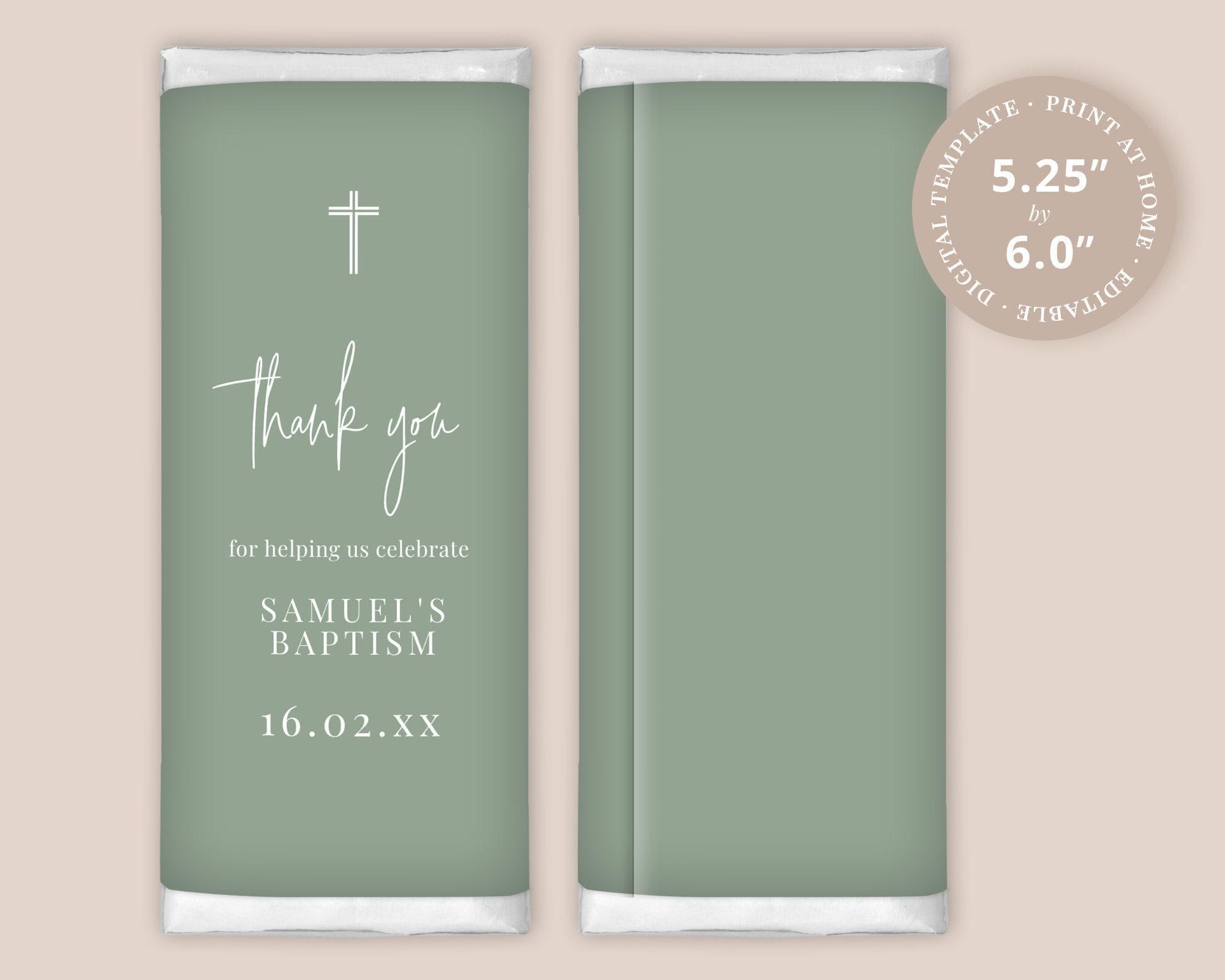 Sage Green Baptism Chocolate Wrapper Label EDITABLE TEMPLATE, to fit 1.55oz