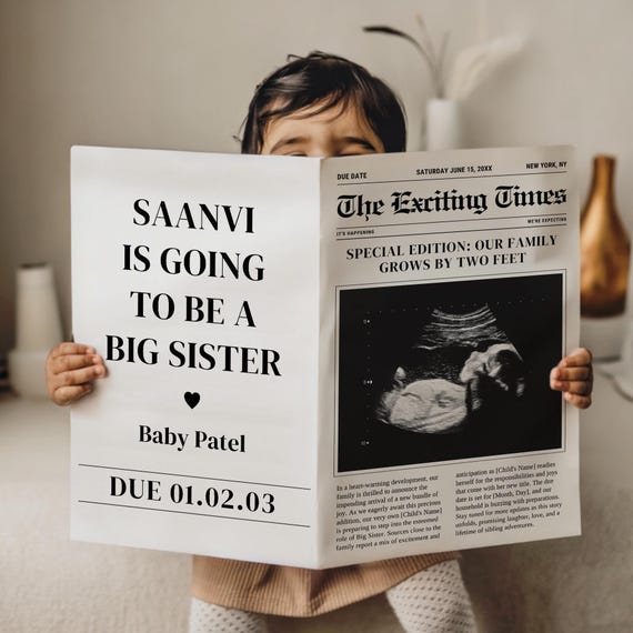 Second Pregnancy Announcement Template, Big Sister Edition, Editable Canva Baby Reveal, Baby Number 2 Reveal, Big Sister Digital Pregnancy