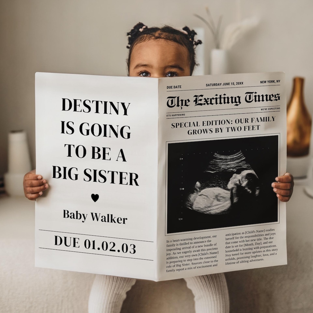 Newspaper Pregnancy Template, Customizable Baby Announcement, Editable Digital Reveal for Expecting Parents