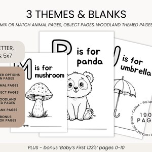 May include: Black and white printable alphabet pages for kids. The pages feature the letters D, M, and U with illustrations of a panda, mushroom, and umbrella. The text reads "D is for panda", "M is for mushroom", and "U is for umbrella".