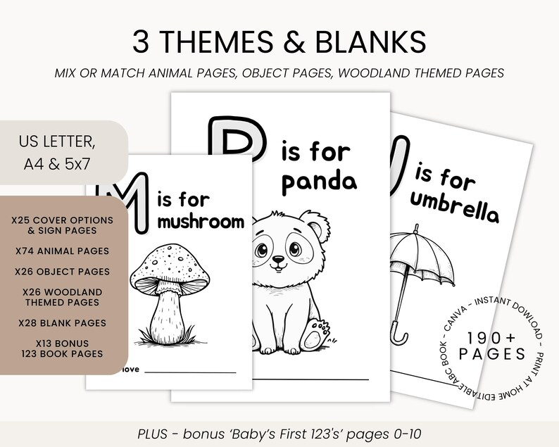 May include: Black and white printable alphabet pages for kids. The pages feature the letters D, M, and U with illustrations of a panda, mushroom, and umbrella. The text reads "D is for panda", "M is for mushroom", and "U is for umbrella".